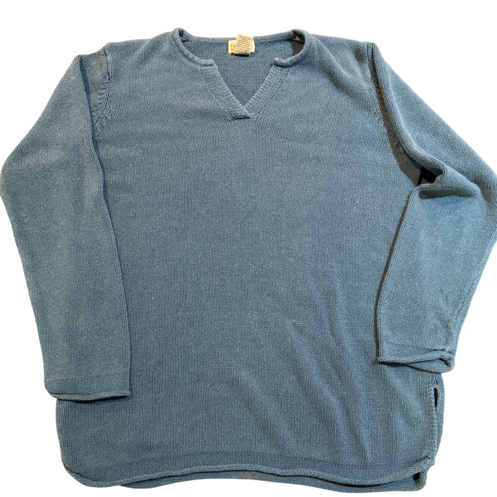 L.L. Bean Silk Cotton Knit Sweater Blue Notched V-Neck Side‎ Slits Women's M